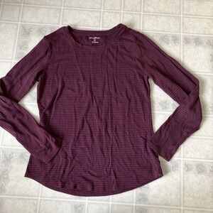 Ladies Eddie bauer Medium maroon Stripe Long Sleeve Tee Shirt Round Neck